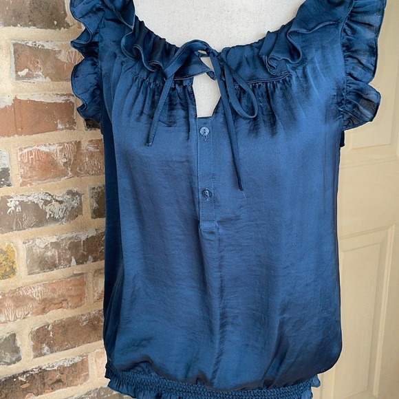 Dress Barn Blue Satin Ruffled Top Size Medium - Picture 1 of 7
